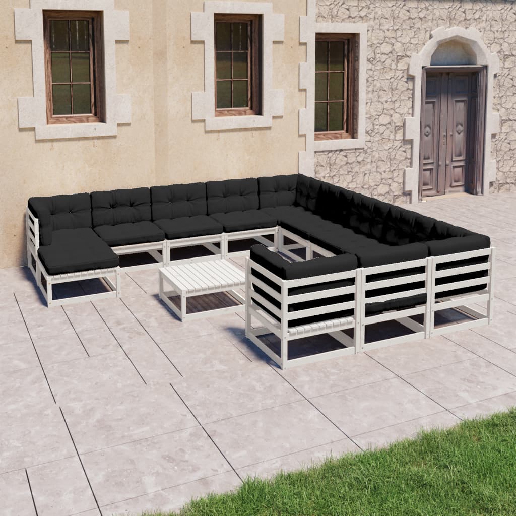 13-tlg. Garten-Lounge-Set mit Kissen Weiss Kiefer Massivholz